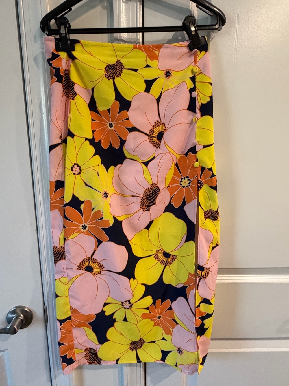 Never worn Sanctuary Navy Midi Skirt with Pink, Yellow & Orange Floral Print